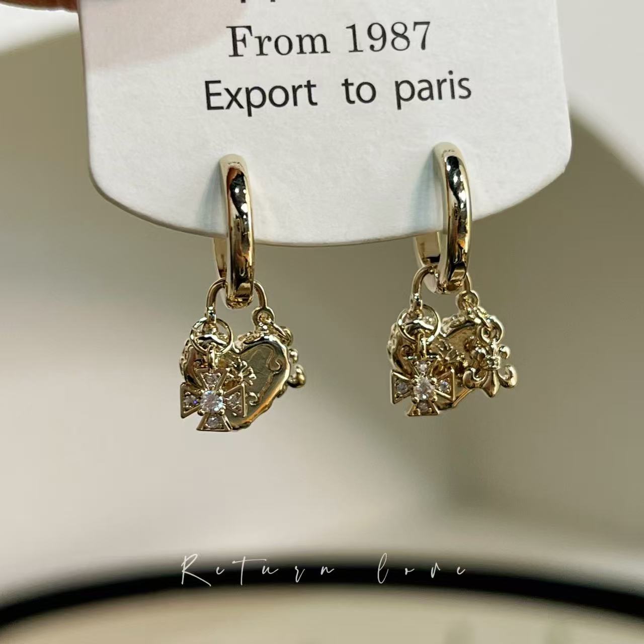 Retro Coffee Golden Cross Flower-de-luce Planet Ear Clip Earrings