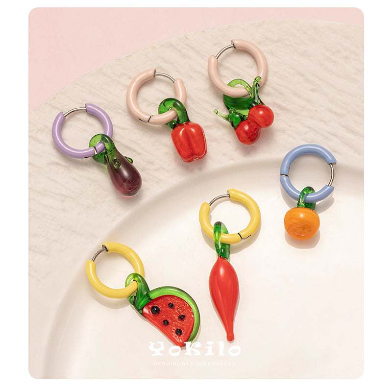 Stainless Steel Clip Cute Dopamine Dripping Oil Niche Fruit Handmade Ear Buckle