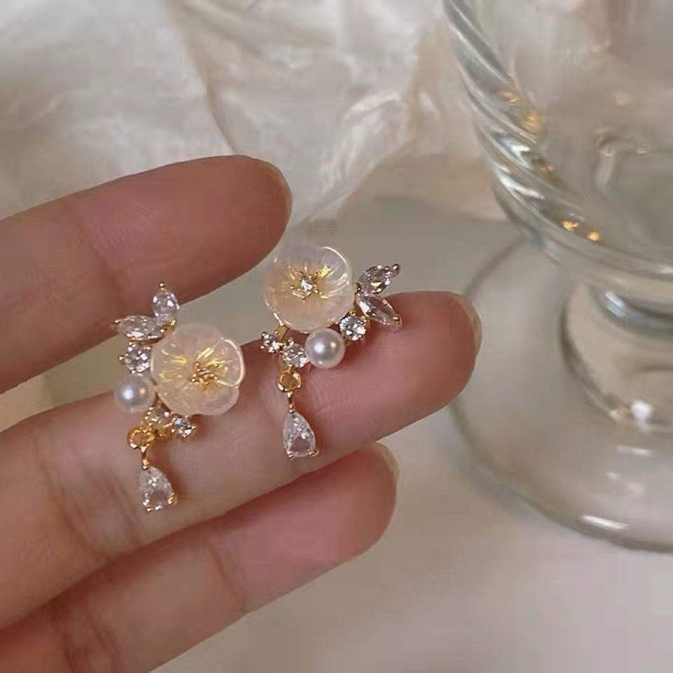 Women's Sier Needle Crystal Pearl Tulip Flower Simple Graceful Earrings