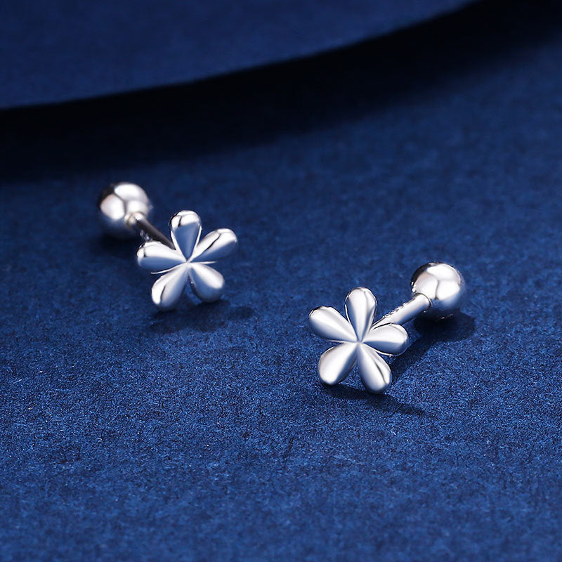 Sier Pure Screw Tightening Buckle Mini Small Flower Female Niche Stud Earrings
