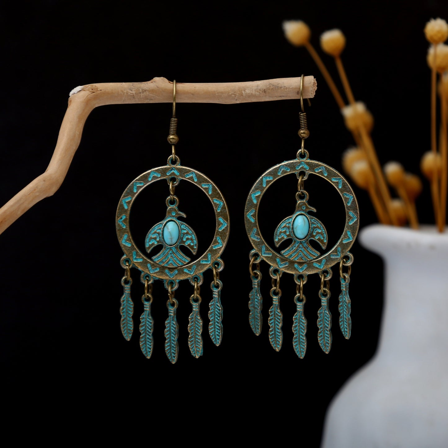 Turquoise Bohemian Palm Owl Bronze Carved Geometric Feather Earrings