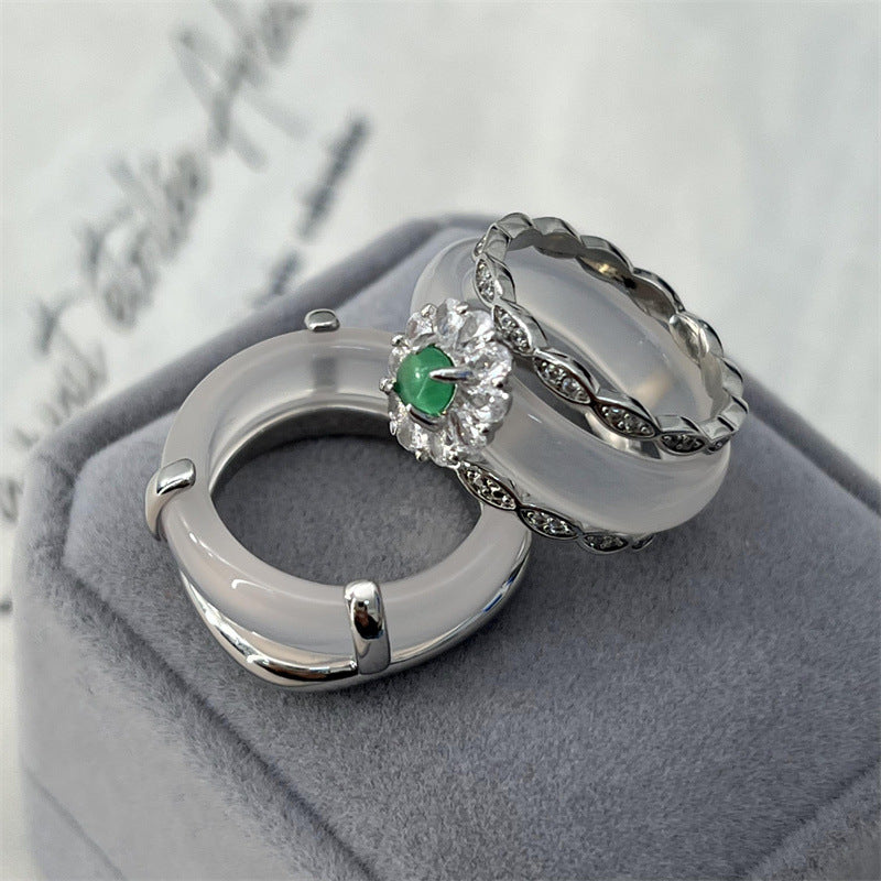 Lost Staff Series Transparent White Agate Chalcedony Unique Design Double Ring