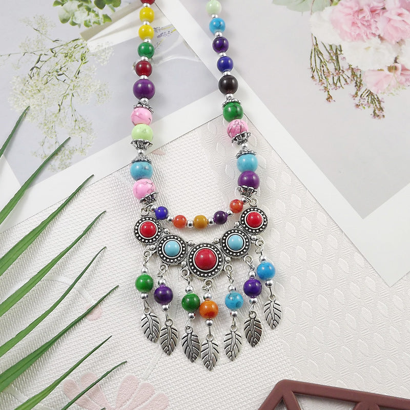 Retro Ethnic Style Crescent Leaf Tassel Forehead Exotic Necklace