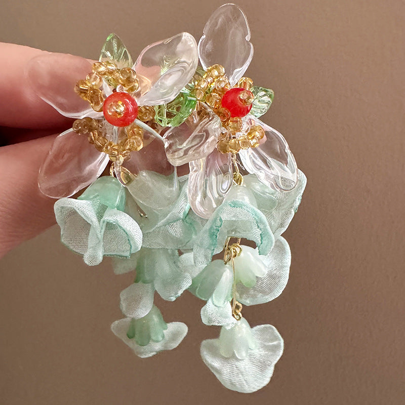 Women's High-grade Beaded Weave Flower Tassel Chiffon Petal Atmosphere Gentle Spirit Earrings