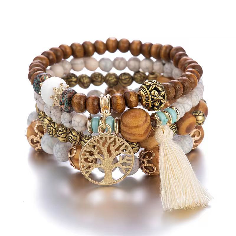 Bohemian Style Wooden Bead Beaded Elastic Bracelets