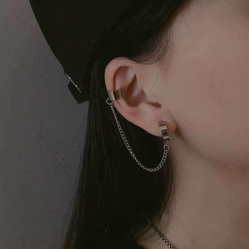 Women's Cold Style Titanium Steel Chain Ear Clip Long Stud Earrings