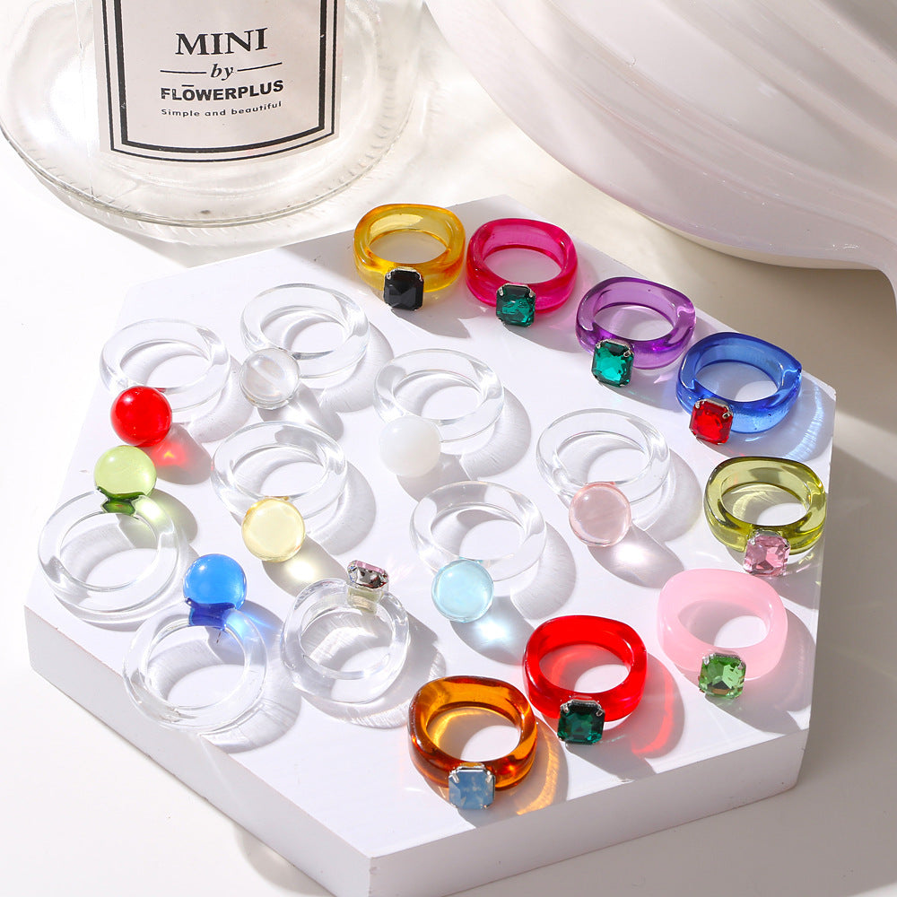 Colorful Transparent Resin Simple Inlaid Jewel Princess Pink Gem Rings
