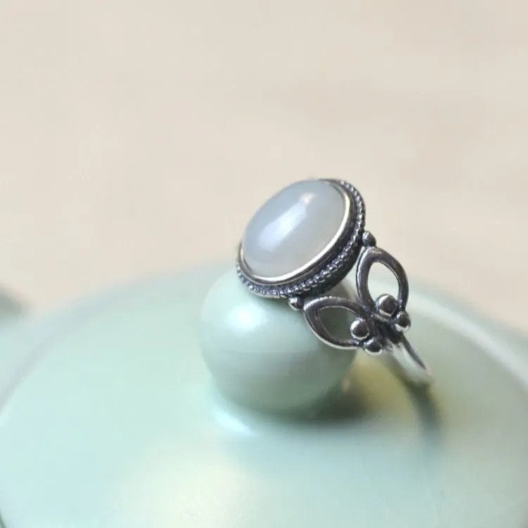 Thai Sier Distressed Sterling Jade Egg Noodle Exquisite Ring