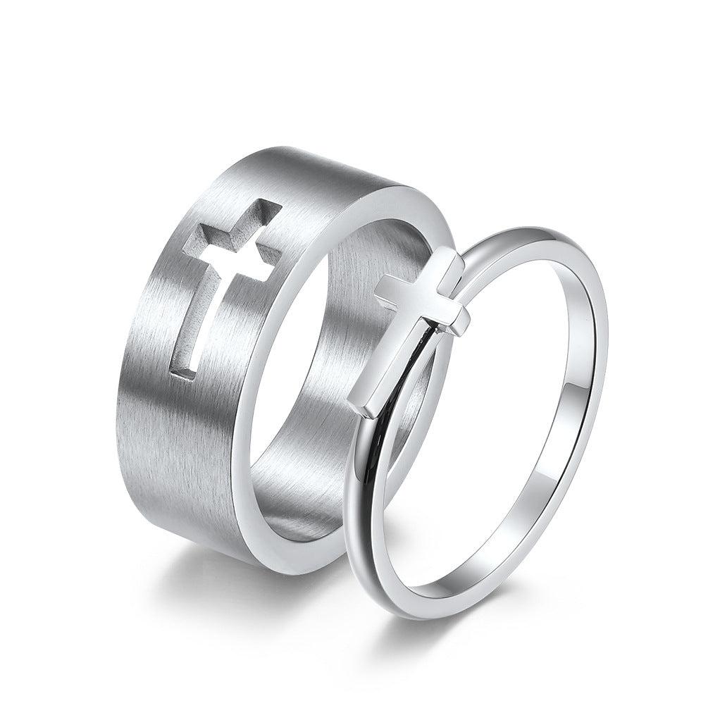 Women's & Men's Stainless Steel Hollow Cross Marriage Proposal Rings