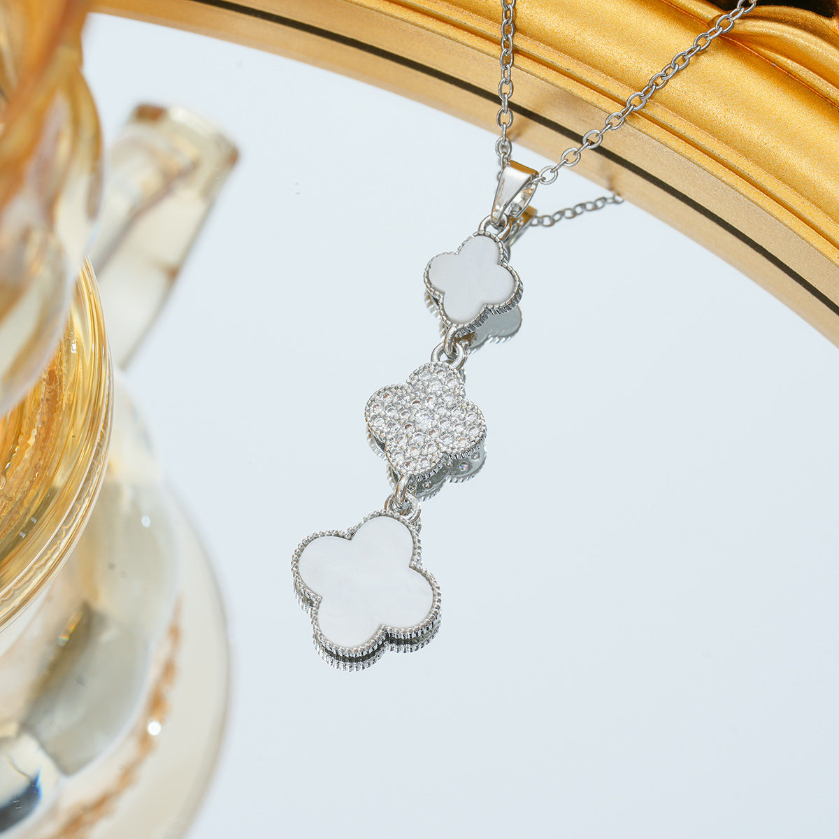 Women's Steel Triple Double-sided Clover Full Diamond Clavicle Chain Light Luxury Necklaces