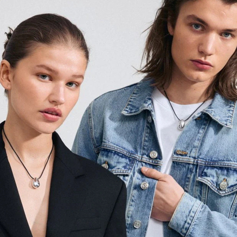 Cold Water Drop Design Personality Black Leather Cord Sweater Pendants