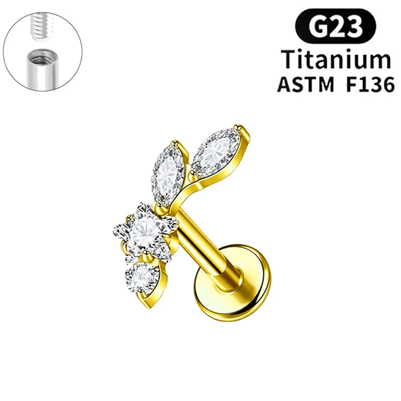 Titanium Alloy Flower Piercing Internal Thread Horse Eye Real Gold Stud Earrings