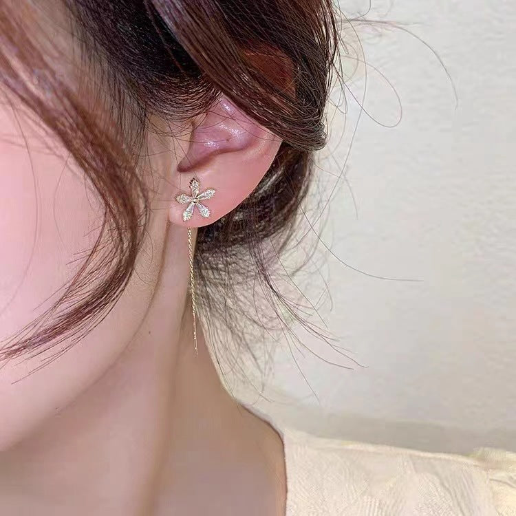 Women's Unique Crystal Flowers Long Fringe High-grade Temperament Ear Chain Red Stud Earrings