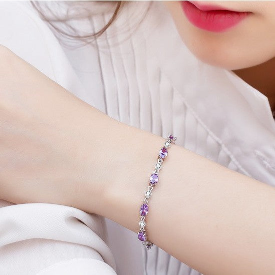 Sier Crystal Zircon Amethyst Heart Female Birthday Present Bracelet