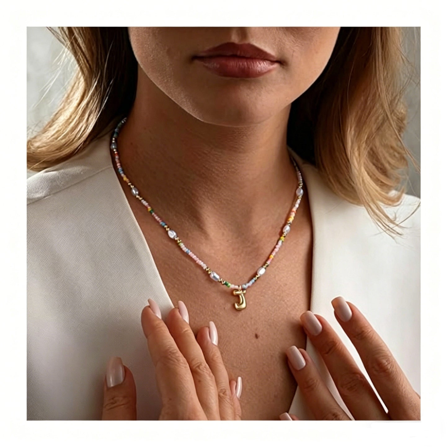 Best-selling Bubble Gold English Letter Color Small Beads Pearl Necklace