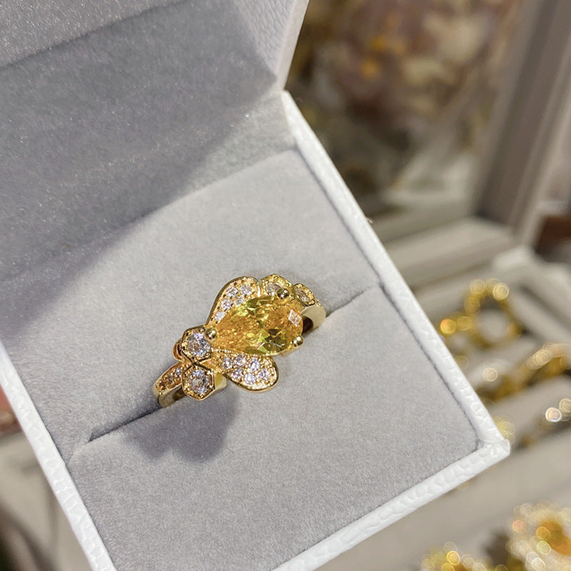 Camellia Fashion Romantic French Golden Rhinestone Gold Plated Ring