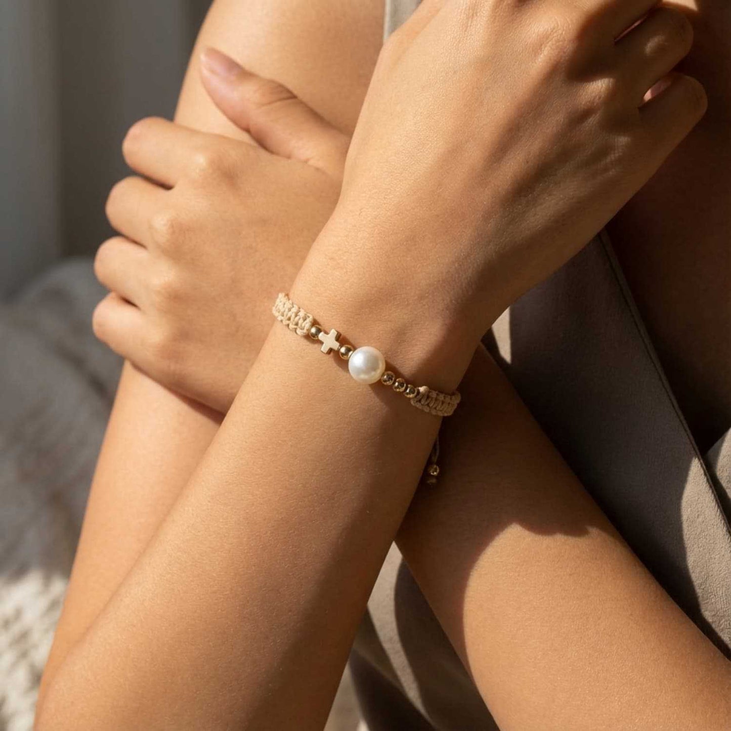 Simple Pearl Love Cross Khaki Hand-woven Bracelets