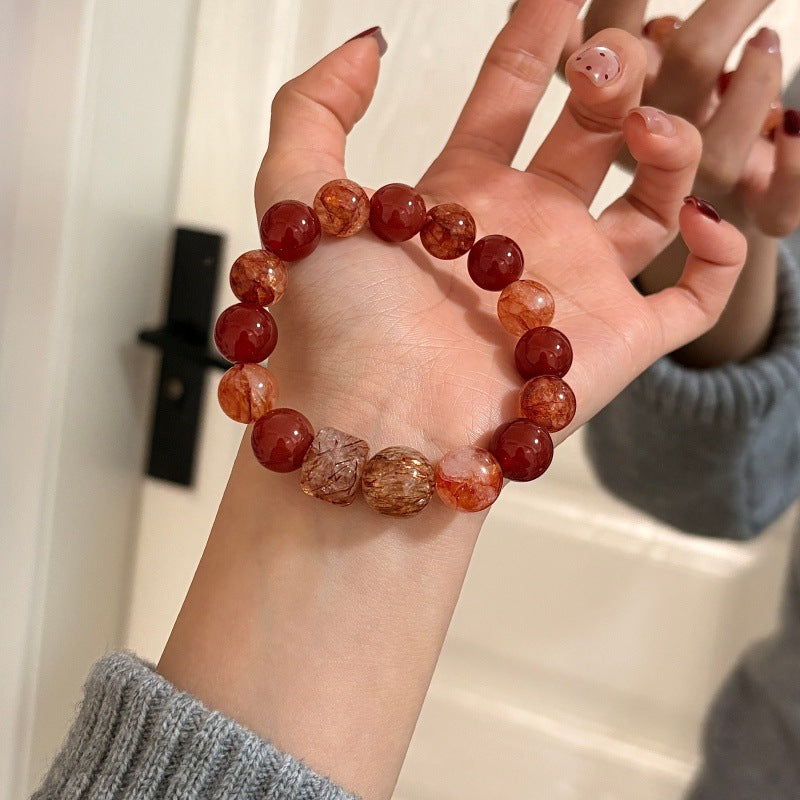 Women's Golden Autumn Natural Red Sealant Flower Agate Square Sugar Bracelet