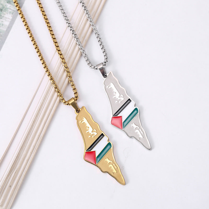 Stainless Steel Israel Palestine Flag Map Necklace