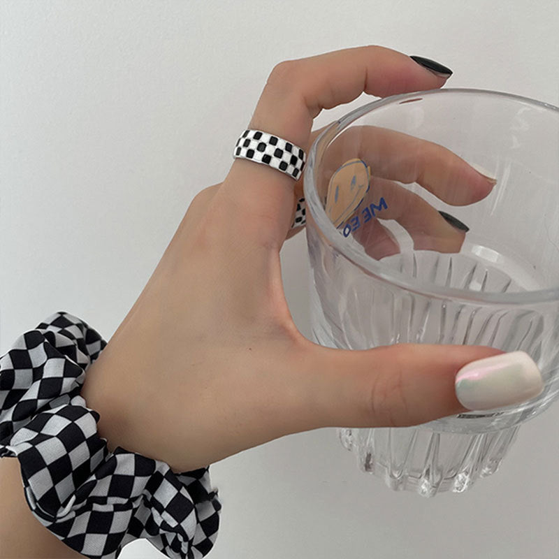 Korean Style Checkerboard Female Retro Fashion Personalized Mesh Design Open Rings