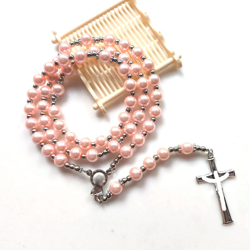 Glass Pearl Handmade Beaded Cross Long Necklaces