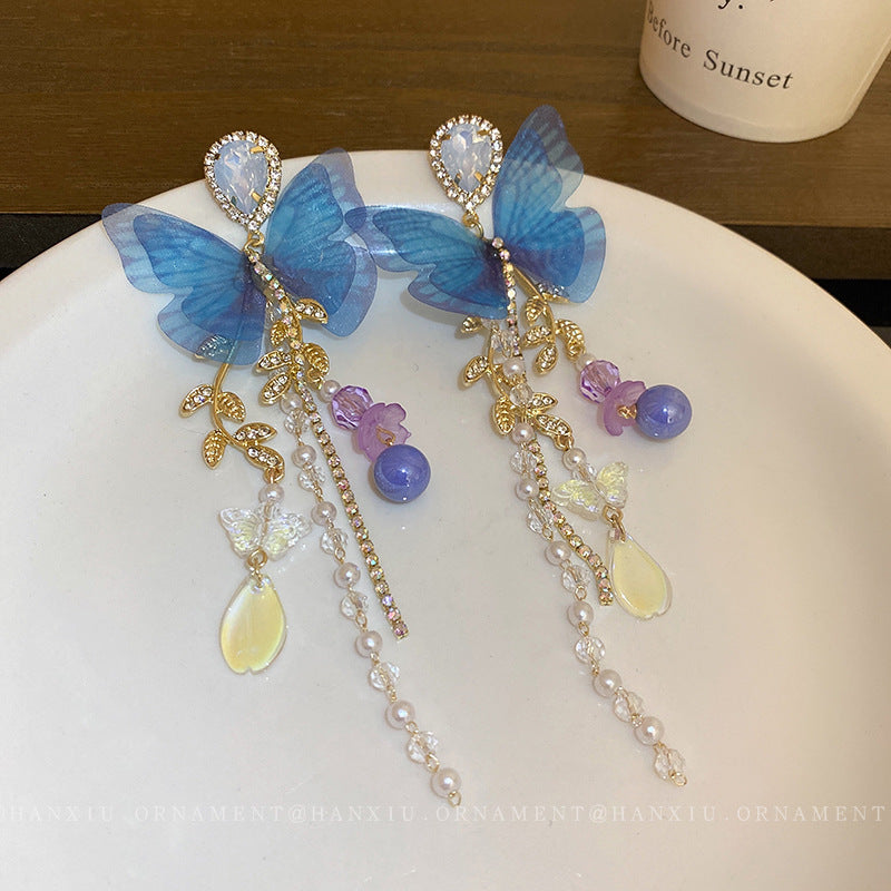 Sier Mesh Blue Butterfly Leaves Pearl Rings