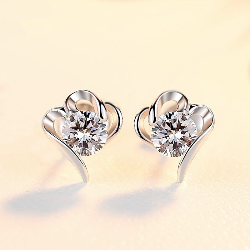 Sier Pin Heart-shaped Ear Inlaid Zircon Minimalist Earrings