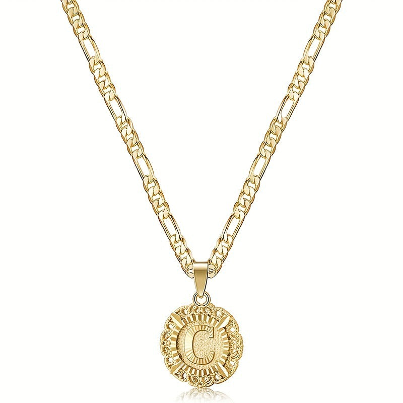 Women's English Letters Round Hollow Carven Design Chain Necklace
