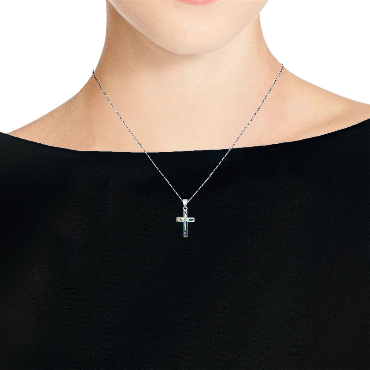 Women's Stainless Steel With Colorful Cross Inlaid Necklace