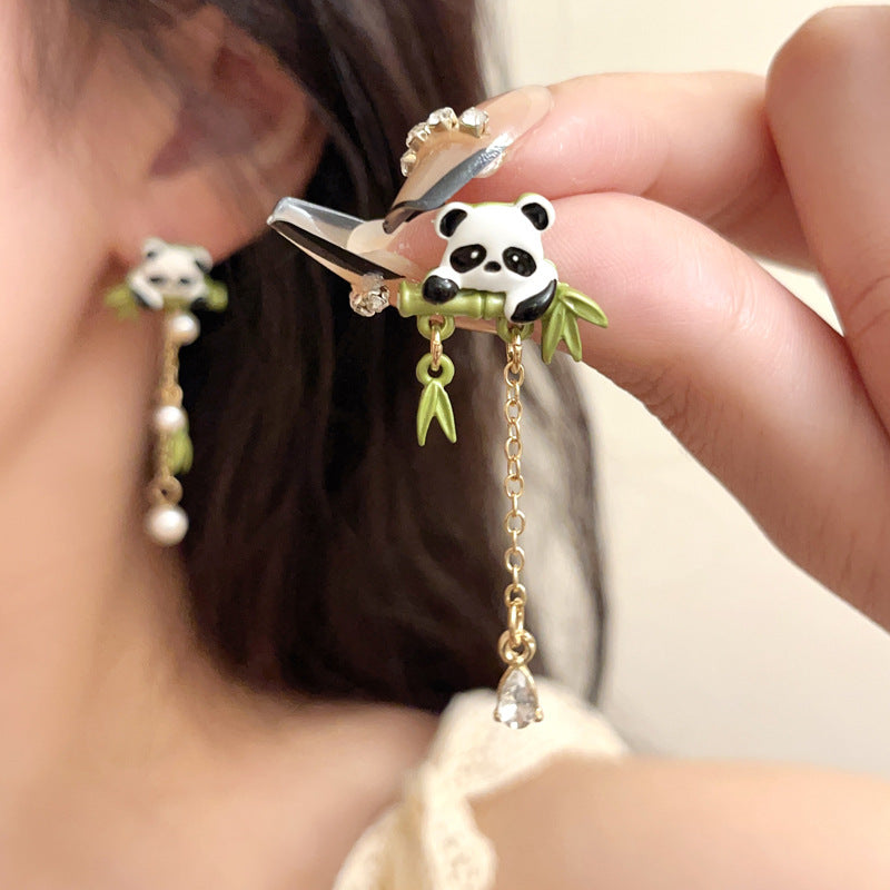 Women's Needle Cute Fashion National Bamboo Panda Personality Pearl Earrings