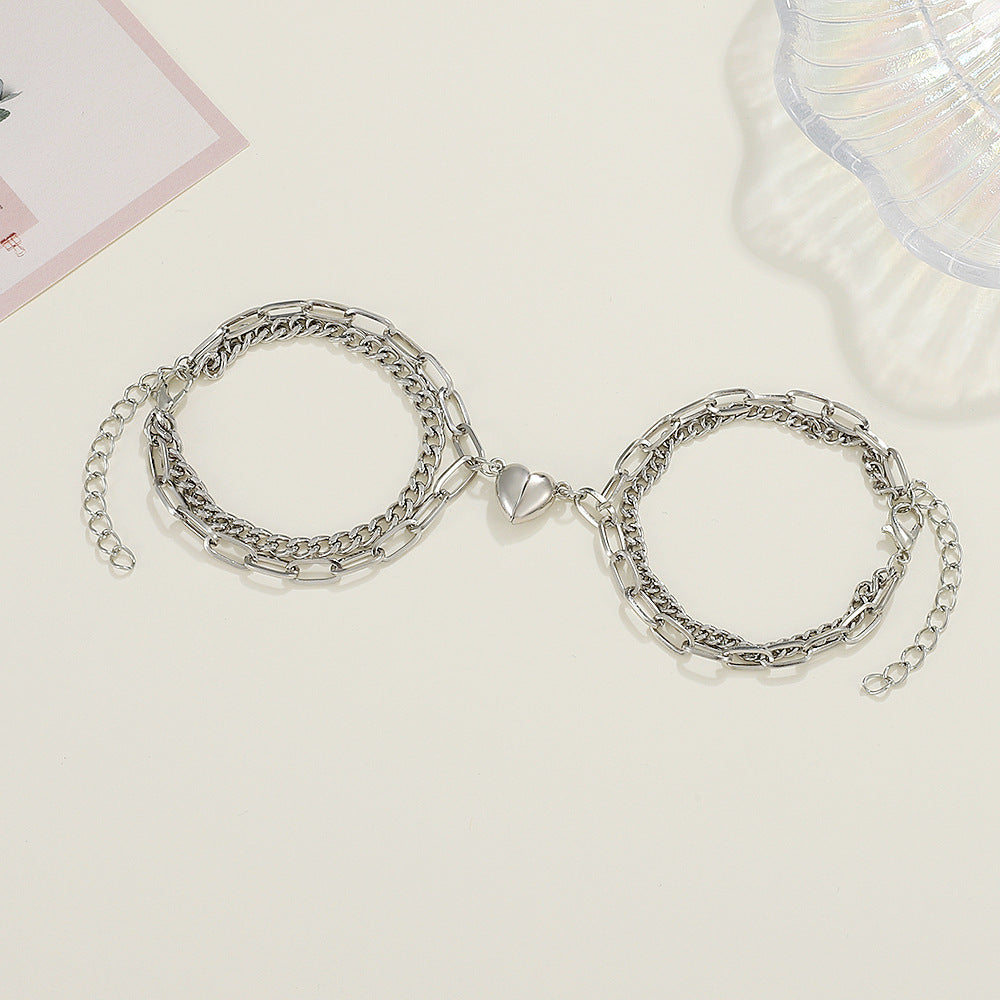 Tide Design Stitching Magnetic Suction Heart Girlfriend Bracelets