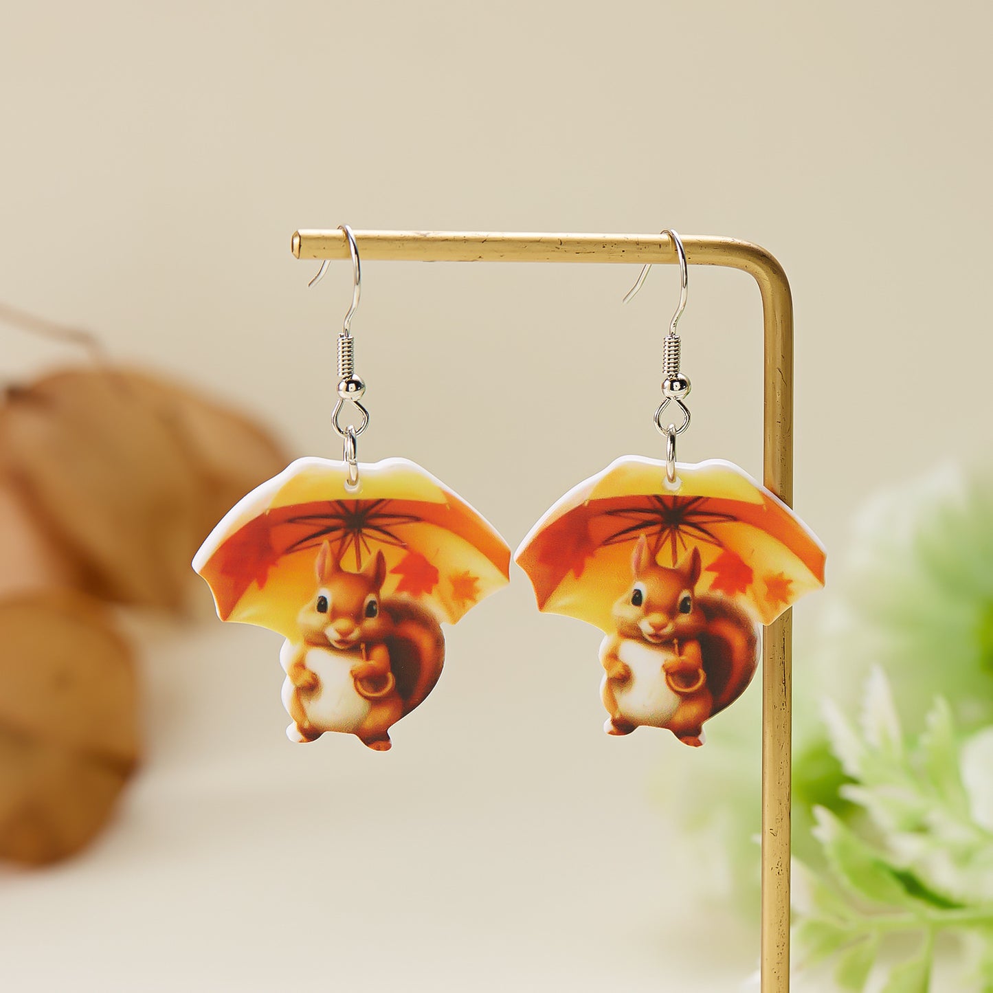 Acrylic Fashionable Autumn Squirrel Pine Cone Earrings