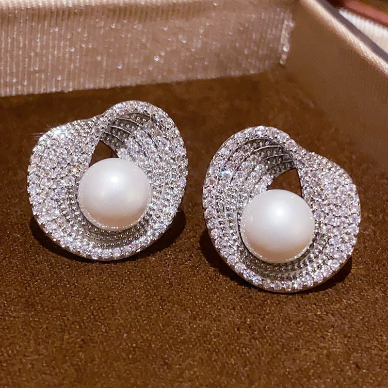 Sier Needle Zircon Irregular Round Pearl Light Luxury High-grade Refined Earrings