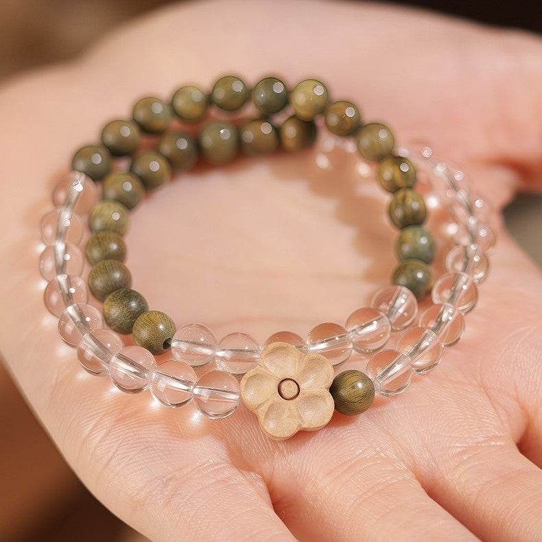 Women's & Men's Double Circle Golden Sandalwood Wooden Buddha Beads Couple Retro Hand Bracelet