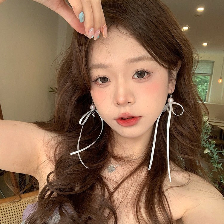 Niche Style Ribbon Bowknot Love Pink White Earrings