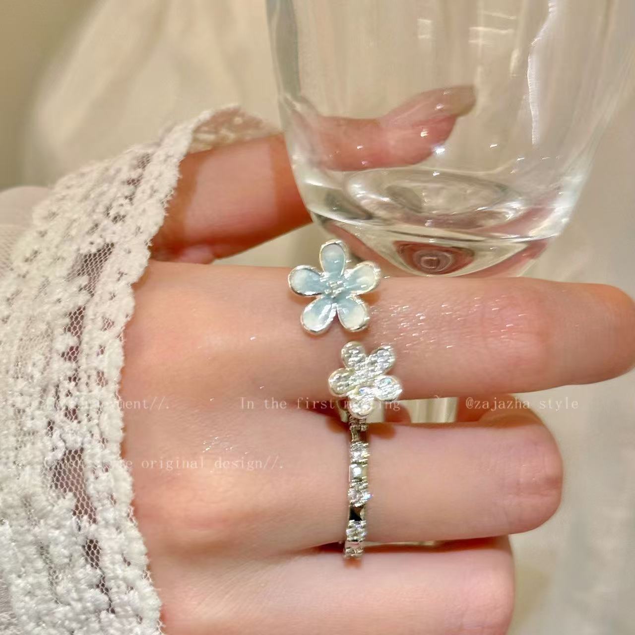 Ice Blue Gradient Flowers Open-end Zircon Mori Girlish Heart Rings