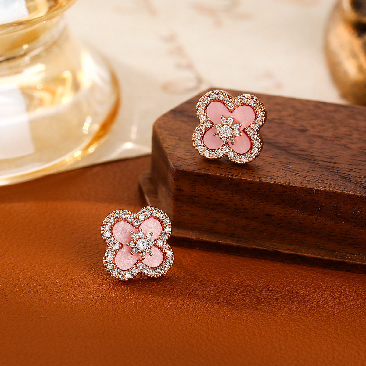 Women's Inlaid Zircon Lucky Four-leaf Flower Pink Imitation Fritillary Sier Light Stud Earrings