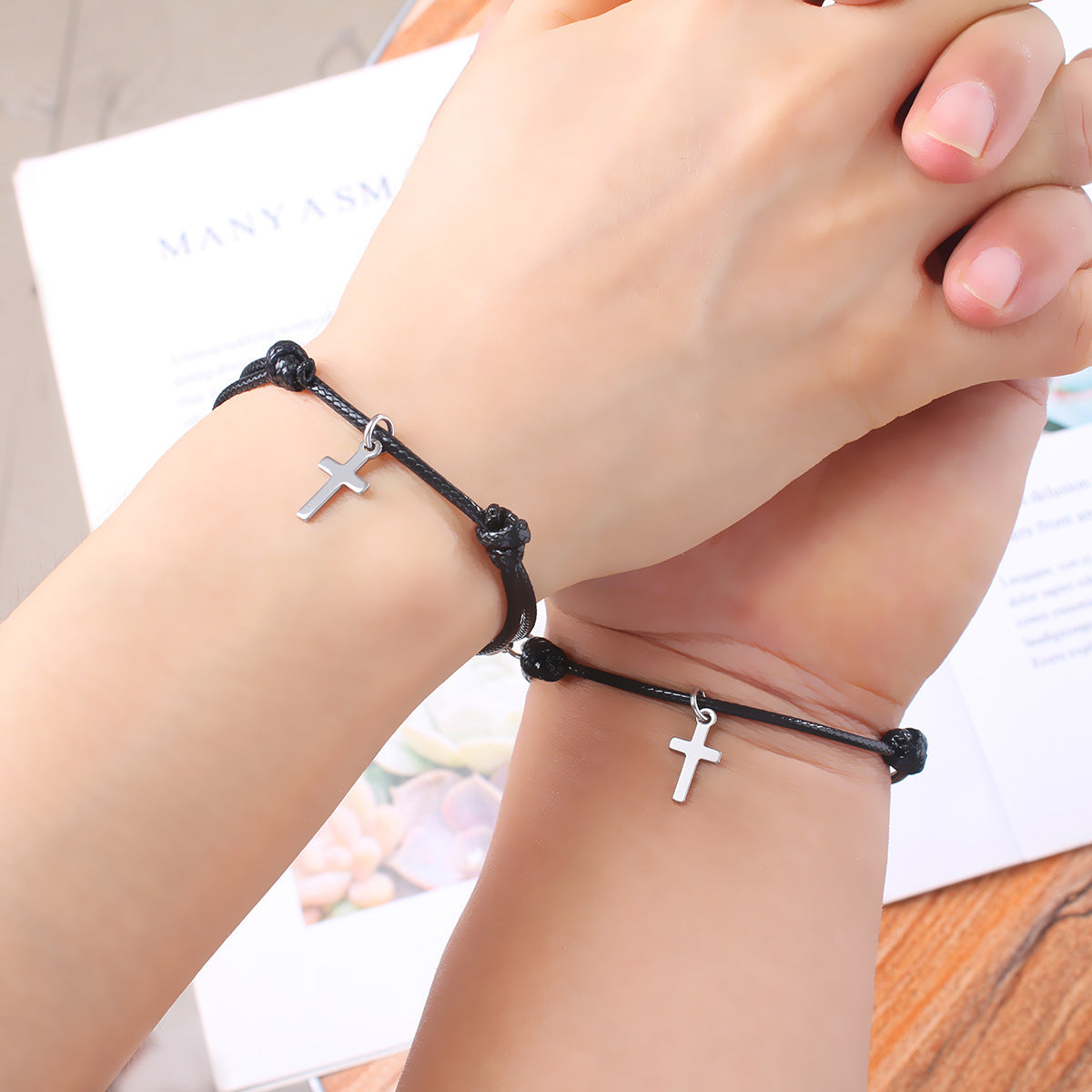 Women's & Men's Cross Shelf Round Magnet Wax Rope Couple Pair Bracelets