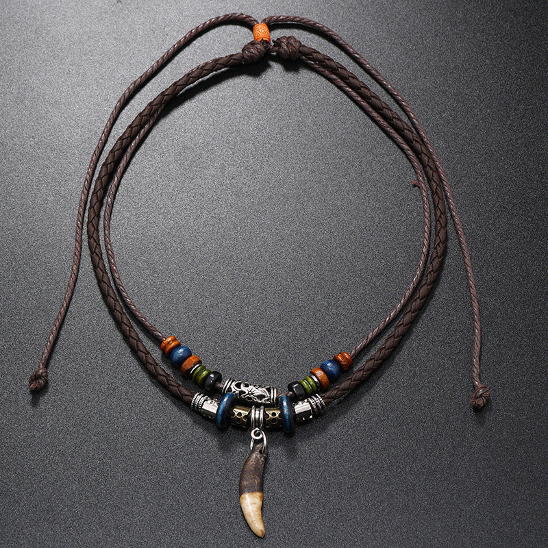 Men's Leather Personalized Retro Double Layer Wolf Tooth Necklace