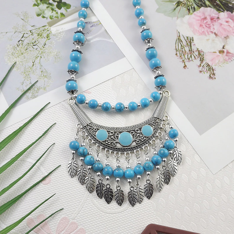 Retro Ethnic Style Crescent Leaf Tassel Forehead Exotic Necklace