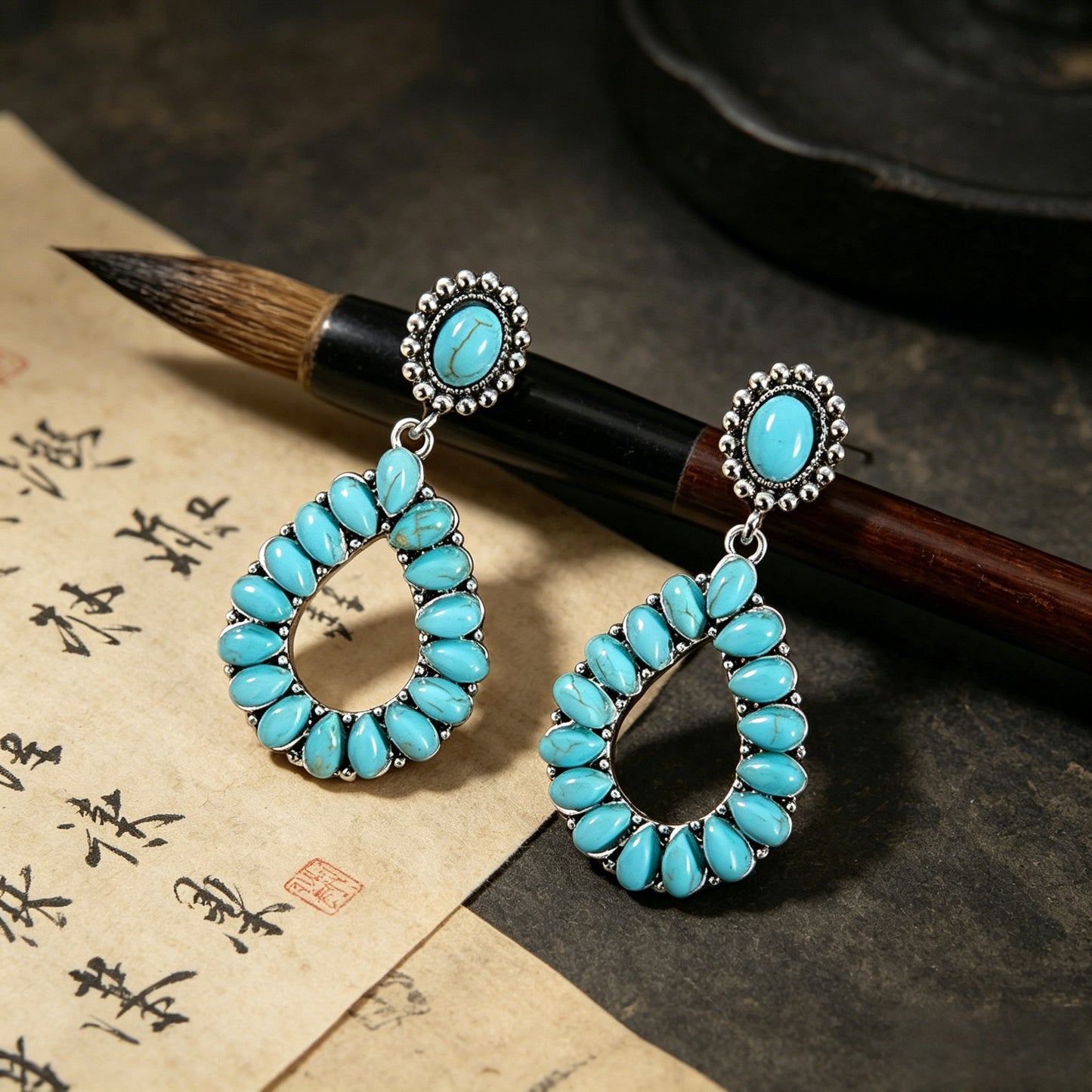 Vintage Water Drop Hollow Turquoise Personalized Earrings
