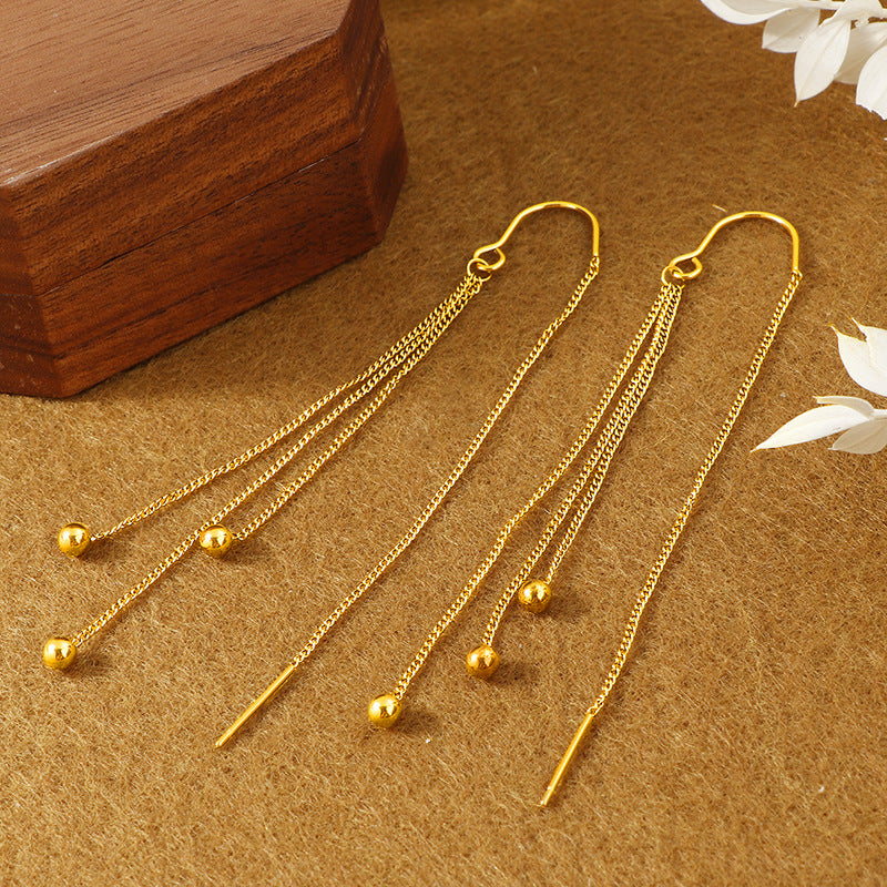 Women's High-grade Golden Bean Tassel Titanium Steel Long Ear Line