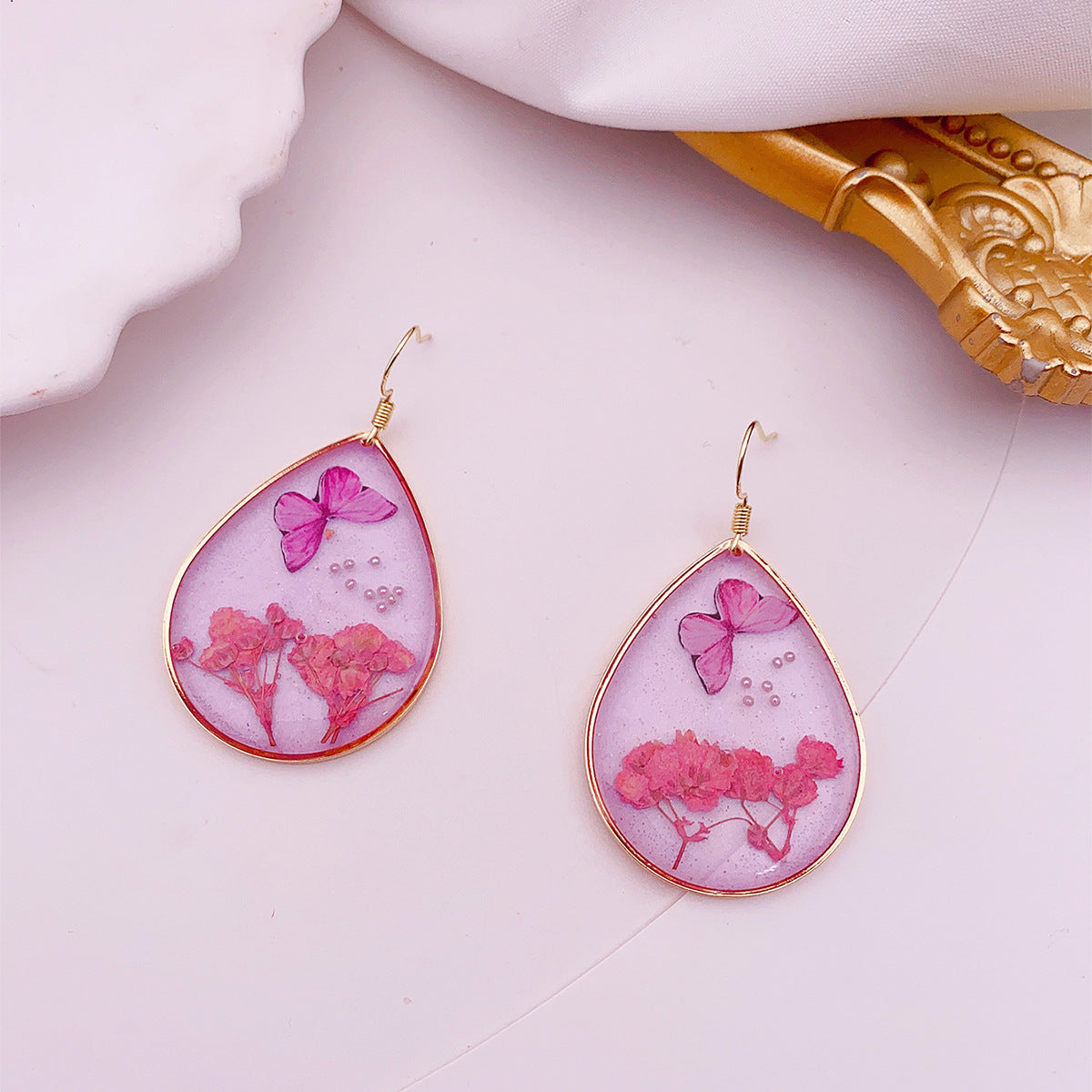 Women's Dried Flower Fresh Real Gold Foil Stud Earrings