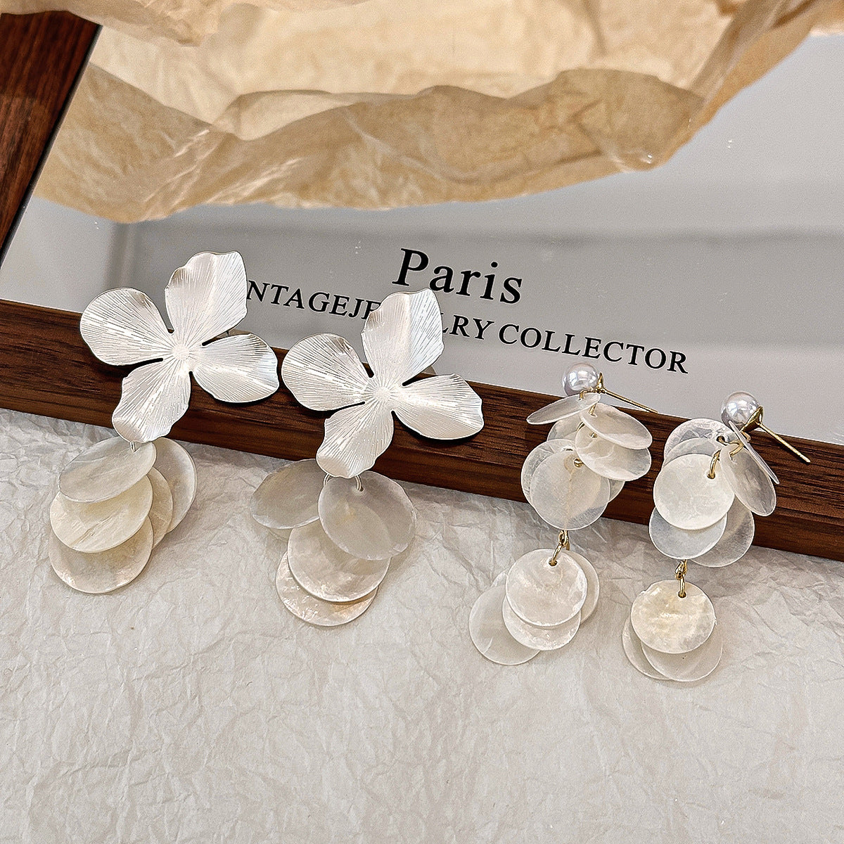 Long Tassel Shell Four-leaf Flower Exaggerated Rings