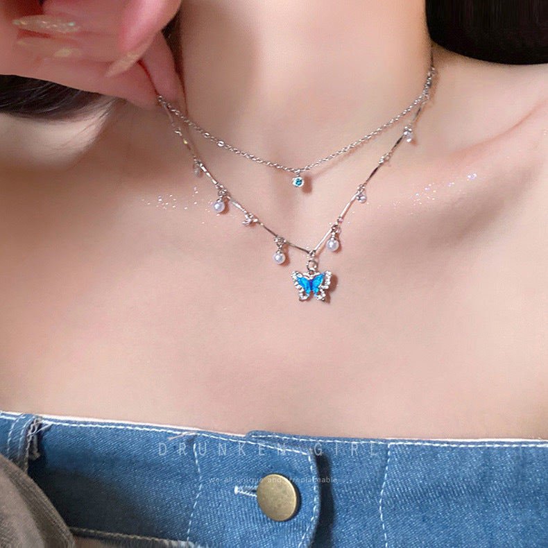 Summer Navy Blue Pearl Butterfly Female Necklace
