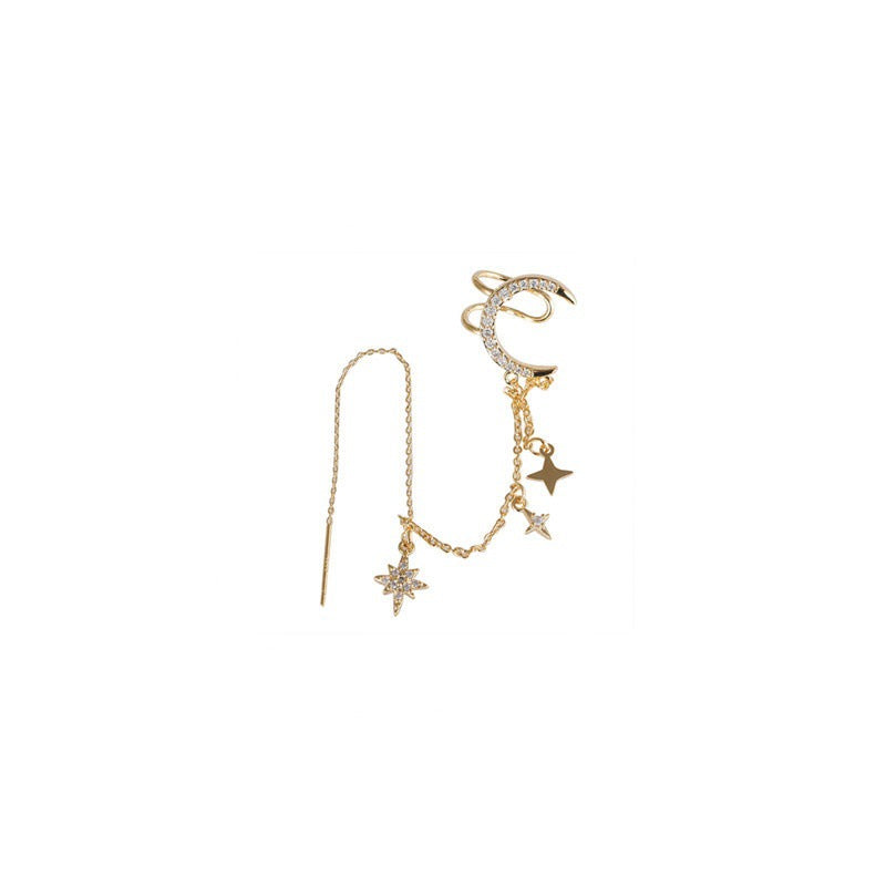 Diamond Fashion Star Moon Personality Tassel Ear Clip Stud Earrings