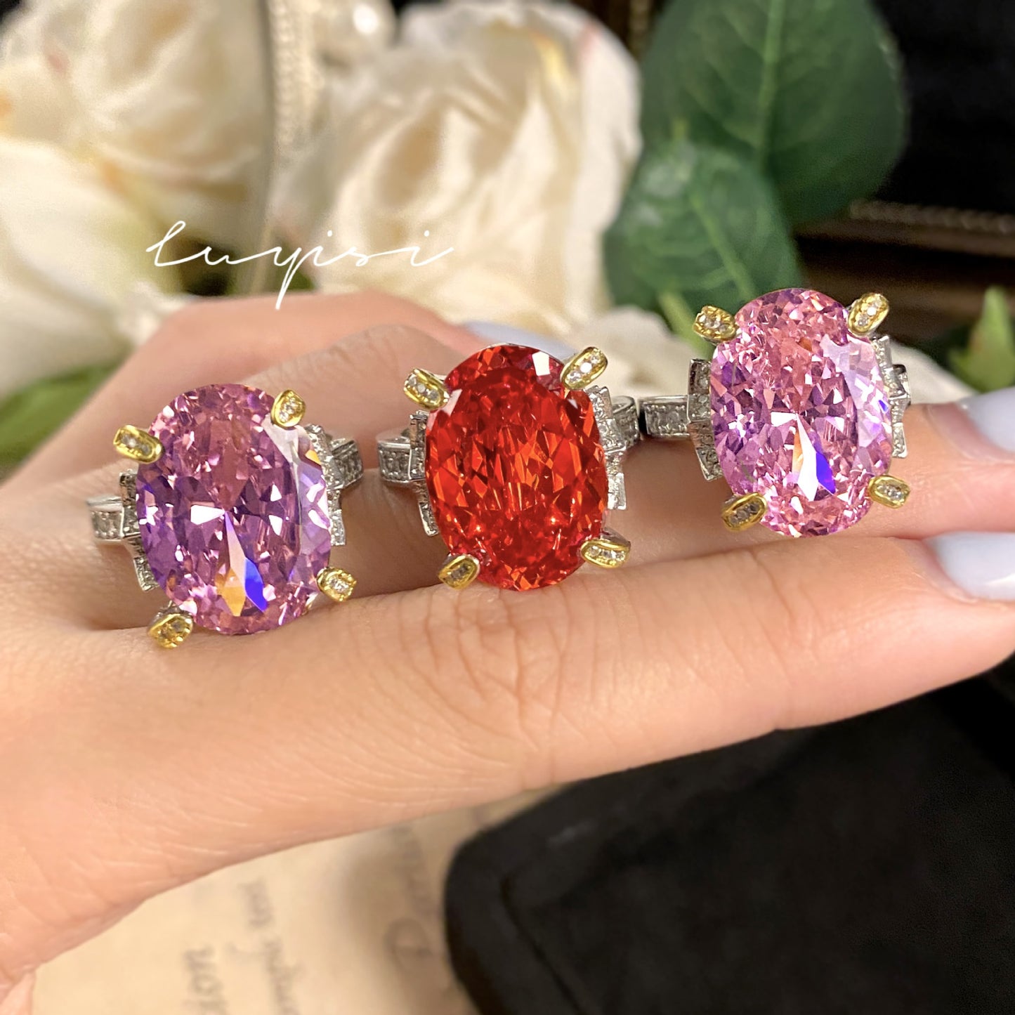 Women's Flower Cut Advanced Sense Oversized Big Pink Starry Rings