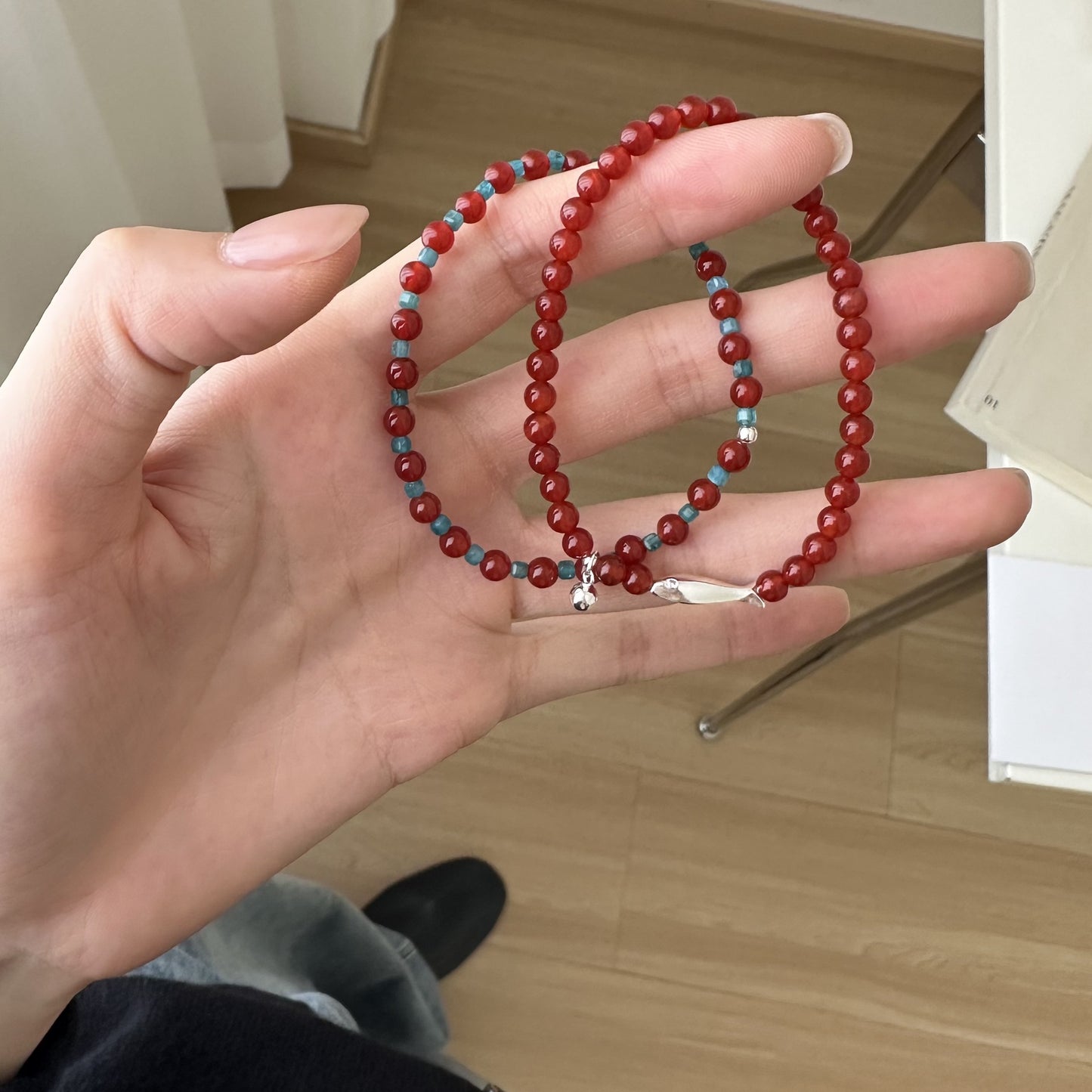 Sier Red Agate Small Fish Round Bracelets