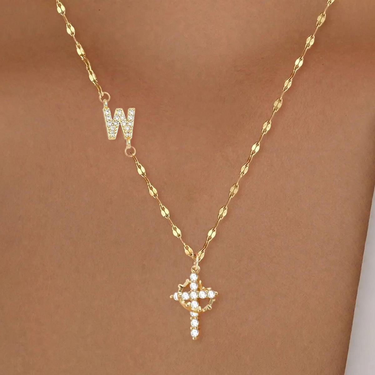 Full Diamond Rotatable Crown Cross With Letters Gold-plated Necklace