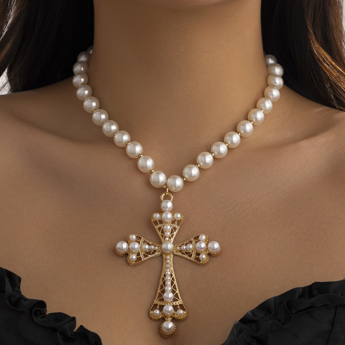 Hip Hop Cross Stitching Imitation Pearl Clavicle Necklaces